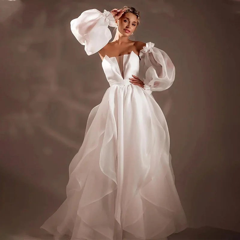 

New Design Ruchned V-Neck Ruffles Organza A Line Wedding Dresses Detachable Puff Sleeves Boho Beach Bridal Grown Vestidos Noivas