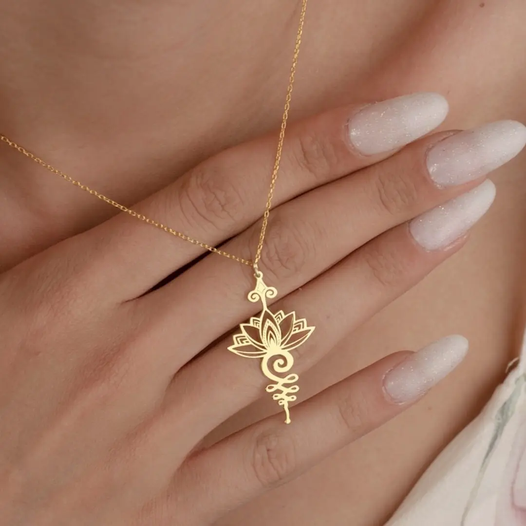 Yiluocd 18 Karat vergoldet Unalome Anhänger Halskette Yoga Lotus Blume Heilung Charms Halsketten für Frauen einzigartigen Buddhismus Schmuck