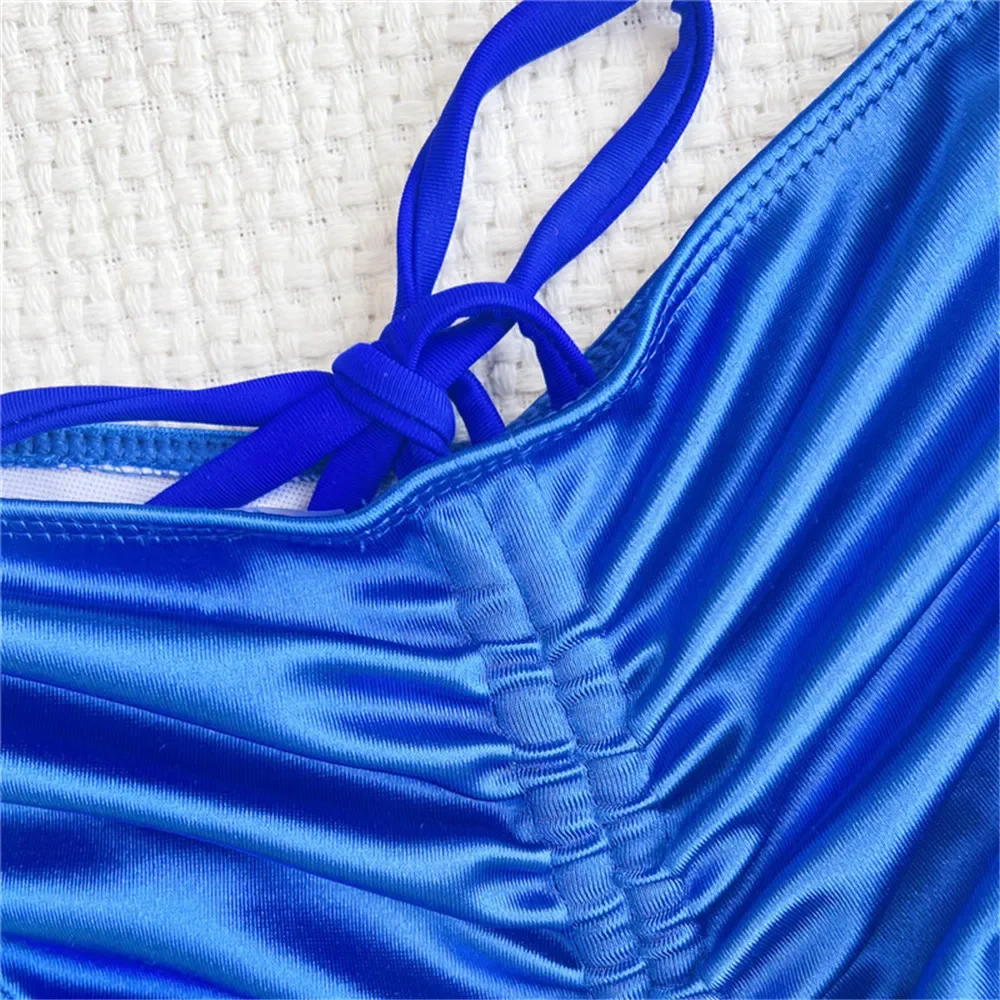 Blue Satin Hollow Out Bandeau Bikinis Sets 2025 Sexy Swimsuit Women String Halter Swimwear Women Ruffled Edge Thong Micro Bikini