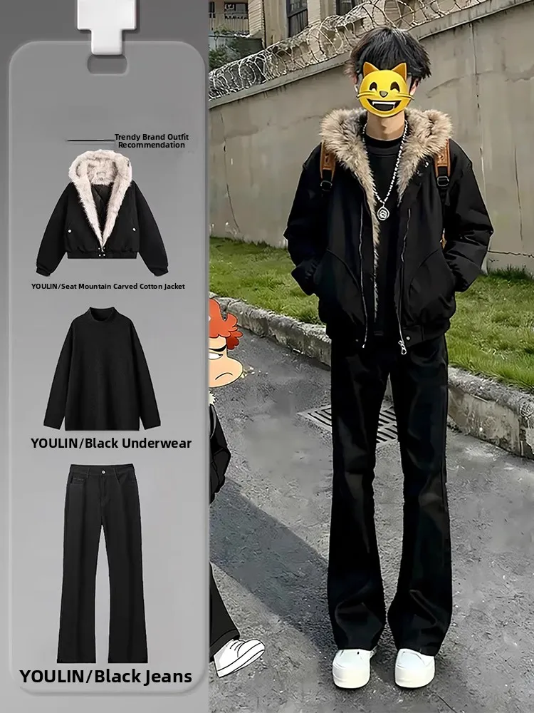 

Bla American Retro Mountain Eagle Jaet Thiened Hooded Cotton Workwear for Men Youth Casual Warm Long Sve Coat