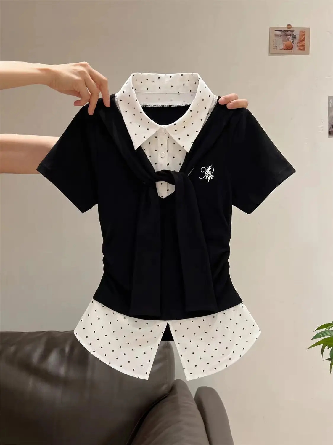 Campus Preppy Fake Two Piece Tee Polka Dot Collar Layer Hem Tie Shawl Side Ruched Slim Cropped Y2K Women Campus Short Sleeve Top