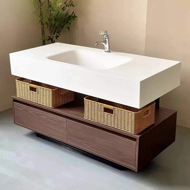 Double draw in the ancient hotel style walnut integrated basin bathroom cabinet combination