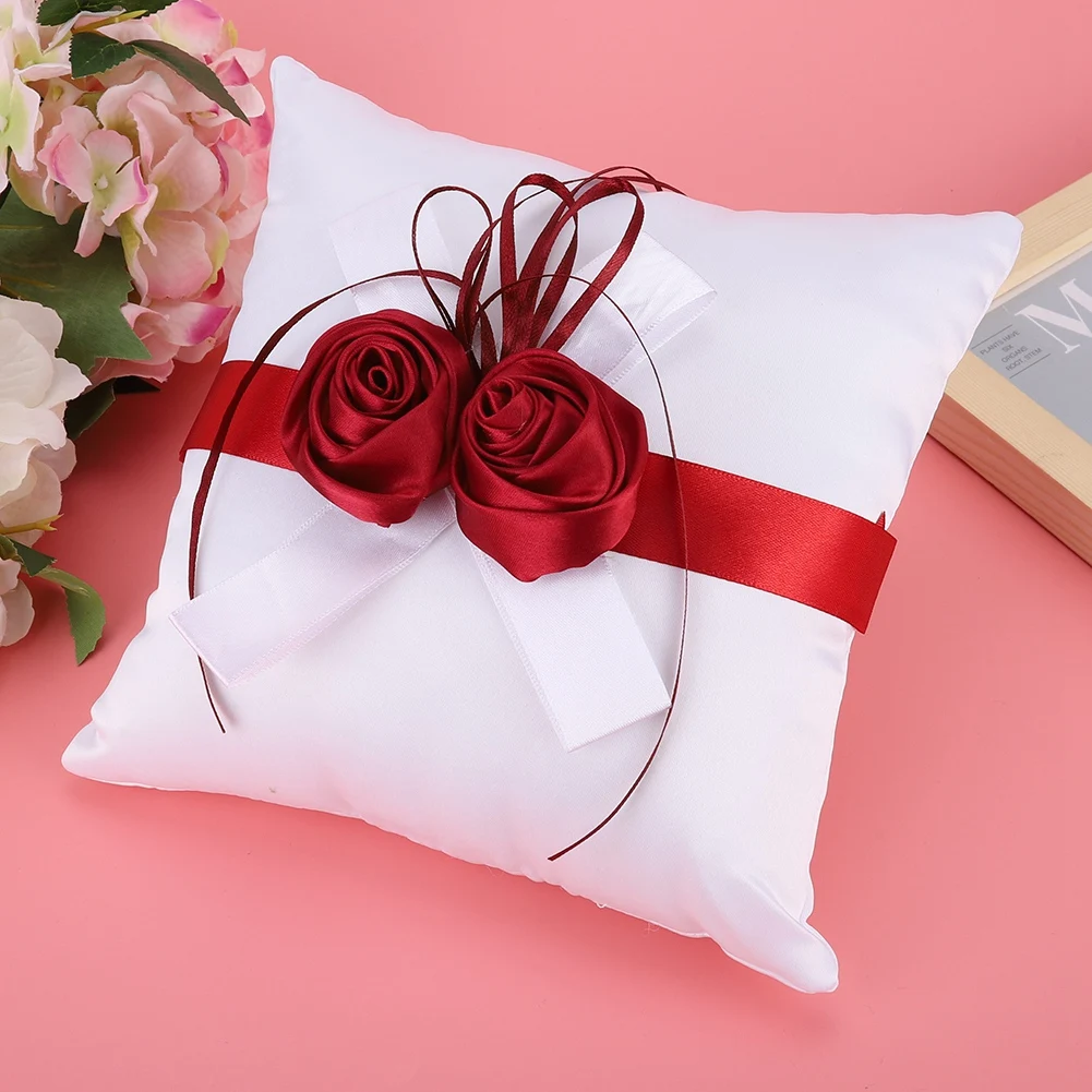 Stylish White Wedding Ring Pillow With Artificial Rose Flower Ribbon Wedding Ceremony Party Decor Props