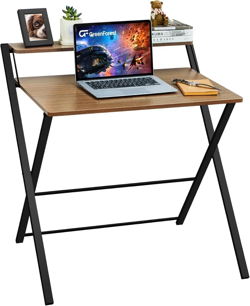 

GreenForest Folding Desk No Assembly Required Small Size, 2-Tier Foldable Computer Desk with Shelf for Home Office, Space Saving