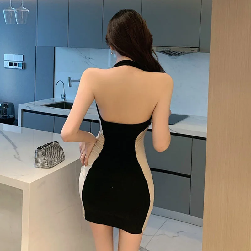 موضة جديدة لربيع وصيف امرأة منخفضة القطع الخامس الرقبة المتناقضة اللون فستان الرسن مثير فتاة سليم التفاف الورك تنورة صغيرة فتاة حفلة هدية #2