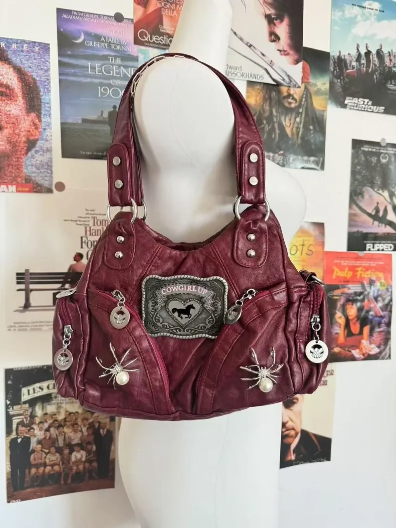 Y2K Women's Bgs Y2K Shoulder Bag Women Patch Punk Design Girl Soft PU Leather Tote Bag Crossbody Bag