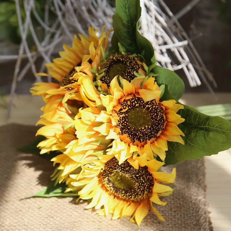 Artificial 5 Heads Sunflower Bouquet with Leaves Silk Flowers Desktop Decoration Wedding Party Living Room Garden Outdoor Decor