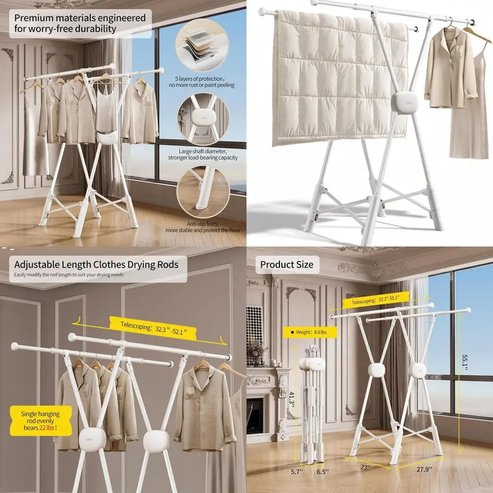 

Adjustable Heavy-Duty Extendable Clothes Drying Rack, 32-55 Inches, Dual Drying Modes, Suitable for Indoor and Outdoor Use