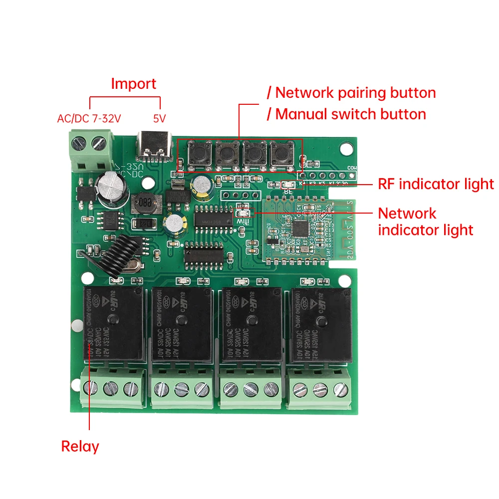 AC/DC7-32V/Type-C 5V Wi-Fi Smart Relay Switch Module 4 Channel Relay Support 433MHZ Power Supply Accessories