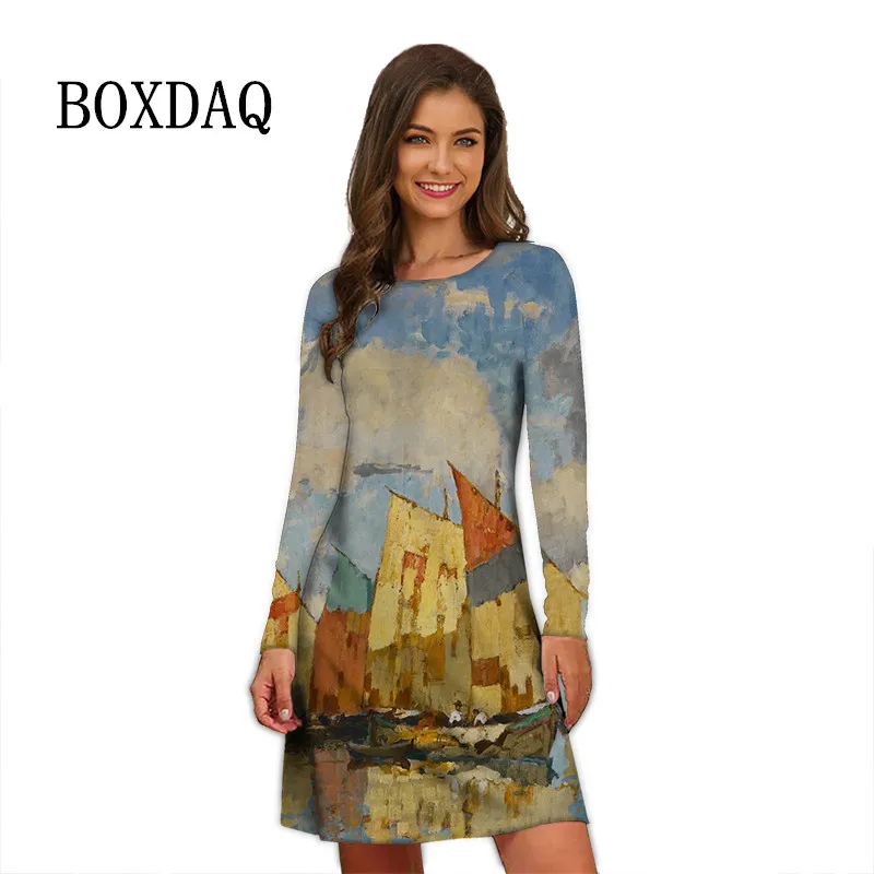 New Van Gogh Boats Print Dress For Women Street Fashion Casual Oversized Dress Girls Autumn Long Sleeve Oil Painting Style Dress