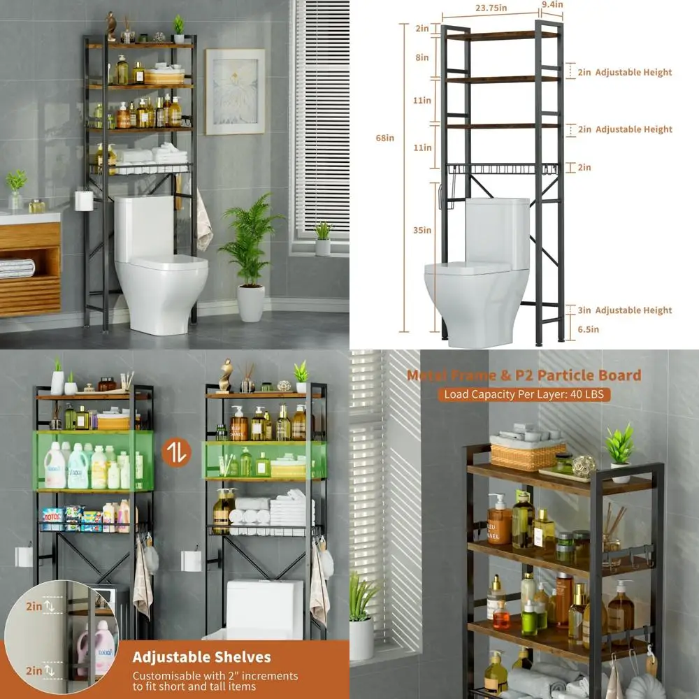 4-Tier Toilet Storage Organizer with Adjustable Shelves, Toilet Paper Holder, and 9 Hooks for Bathroom Space Saving