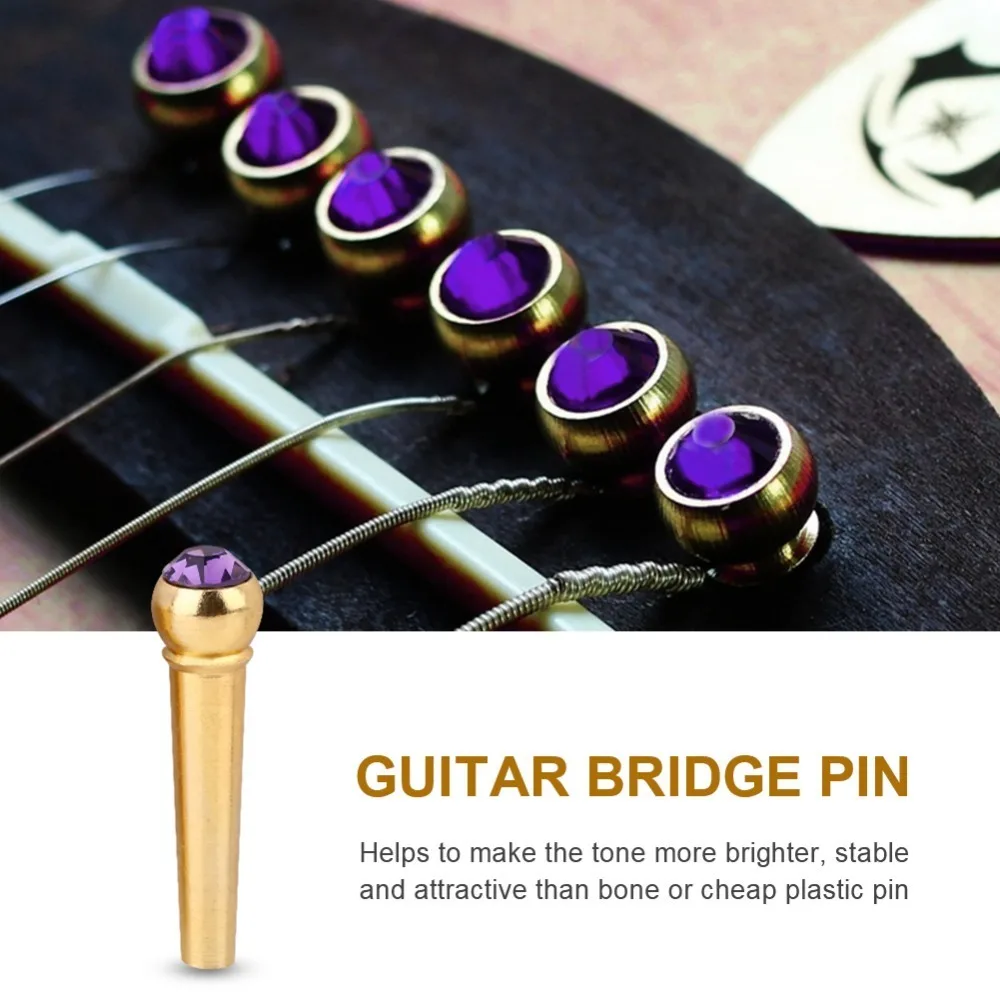 6pcs Brass ​Guitar Bridge Pins​ Crystal Head​ ​Golden Endpin​ ​Guitar Strings Nail Pegs​ ​Keep Full Timbre​