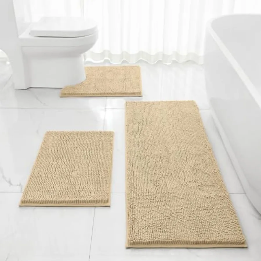 

Набор из 3-х очень больших ультрамягких нескользящих впитывающих ковриков для ванной комнаты из шенилла, бежевый