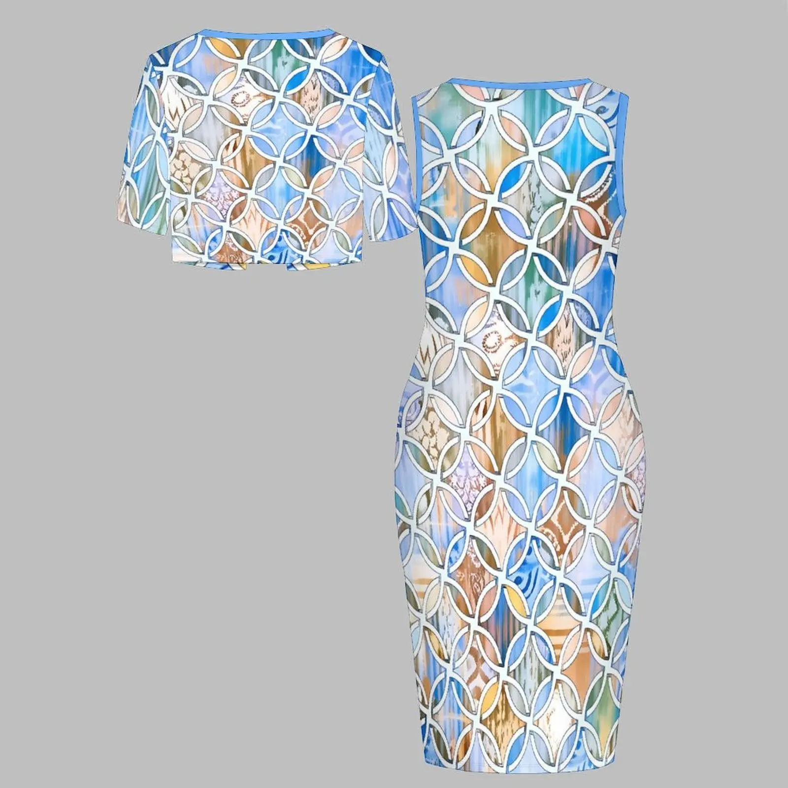 Plus Size 2pcs Women's  Round-necked Tight Skirts Fashion Short-sleeved Coat  Printed Design Two Piece Set Sleeveless Slim Skirt