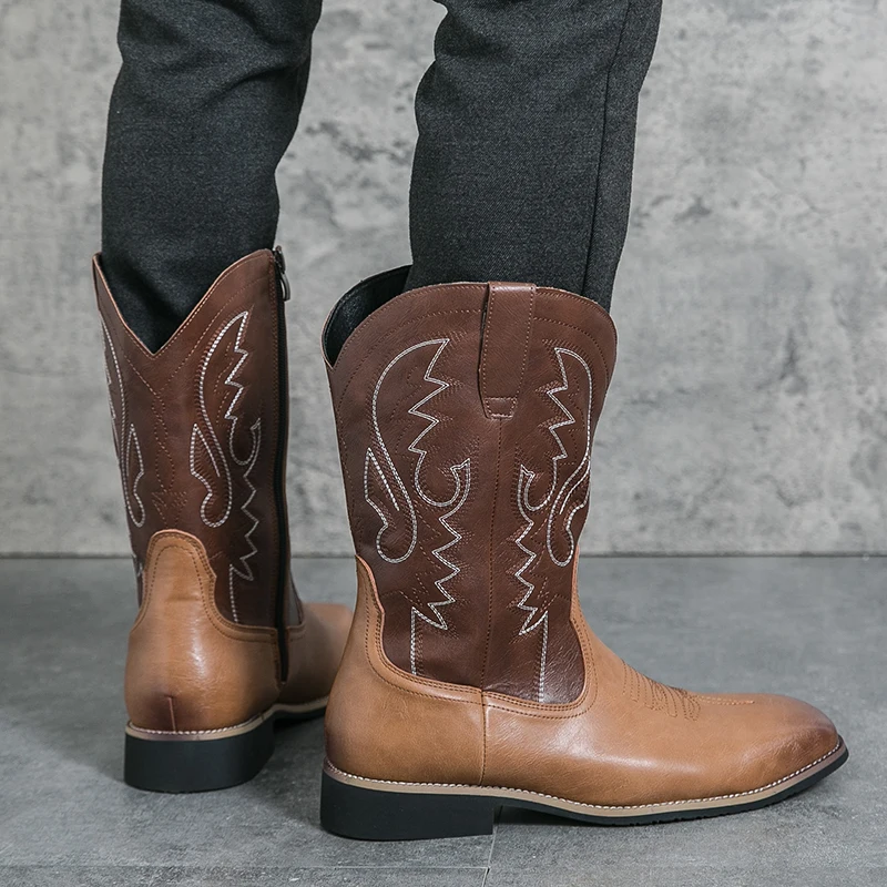 Men High Top Chelsea Boots Side Zipper Embroidered Men Business Fashion Long Boots Outdoor Knight Boots Sizes 38-46 Men Boots