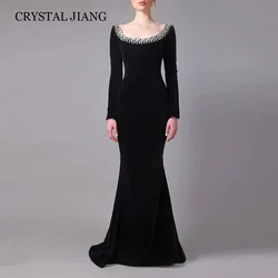 Customized Classy Long Black Square Collar Crystal Evening Dresses Full Sleeves Mermaid Sweep Train Vestidos De Noche