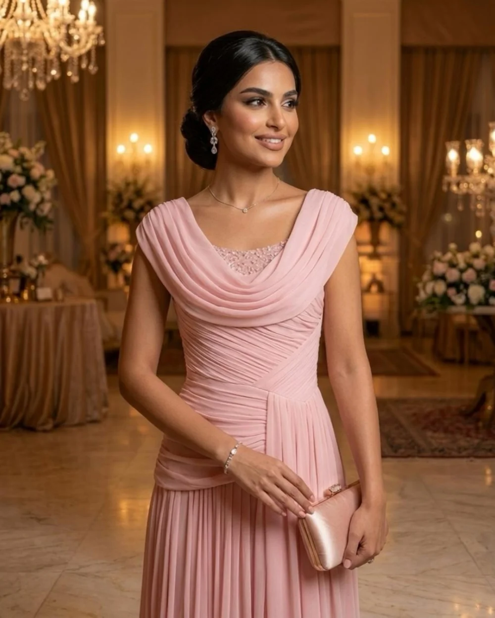 

Customized Classic Women Chiffon Beading Pleat Straight Evening Dresses Modern Style Off-the-shoulder Sleeveless Long Party Gown