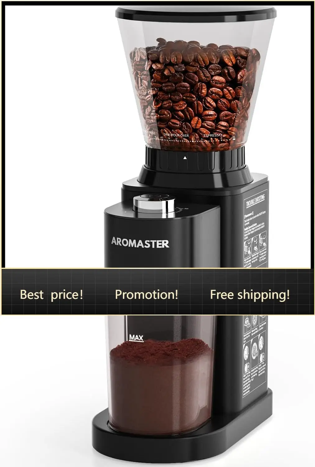 Burr Coffee Bean Grinder, 48 Settings, Anti-Static, Black