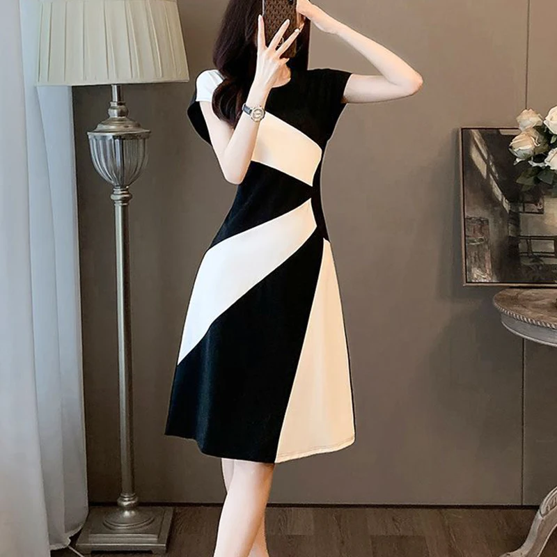 2024 Summer New Elegant Fashion Patchwork Midi Vestido Women Temperament Short Sleeve A-line Robe Ladies Casual Waist Slim Dress
