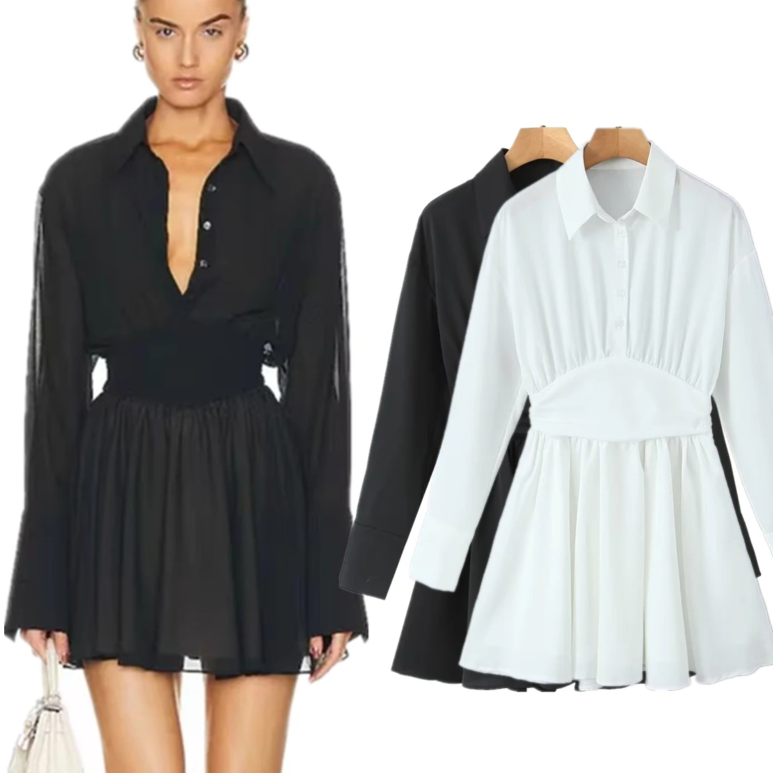 

Jenny&Dave Fashion Blogger Minimalist Pleated Shirt Style Mini Dress Women British Elegant Sexy Chiffon Dress