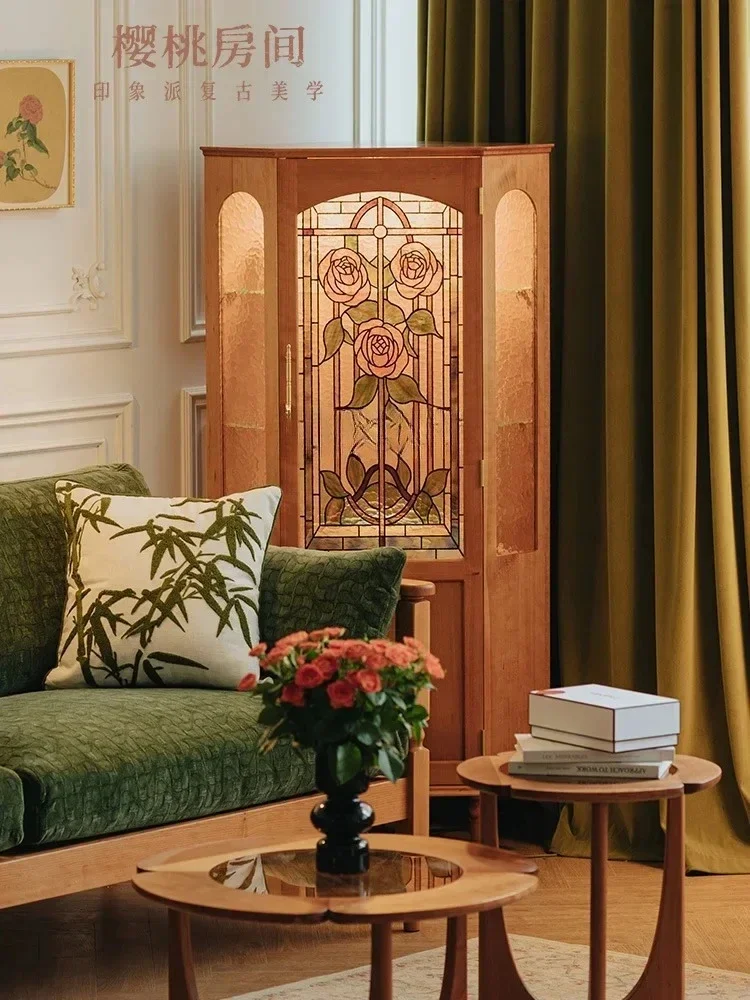 xxqRose Corner Cabinet Cherrywood Solid Wood Wine Cabinet American Retro Living Room Triangle Corner Corner Cabinet