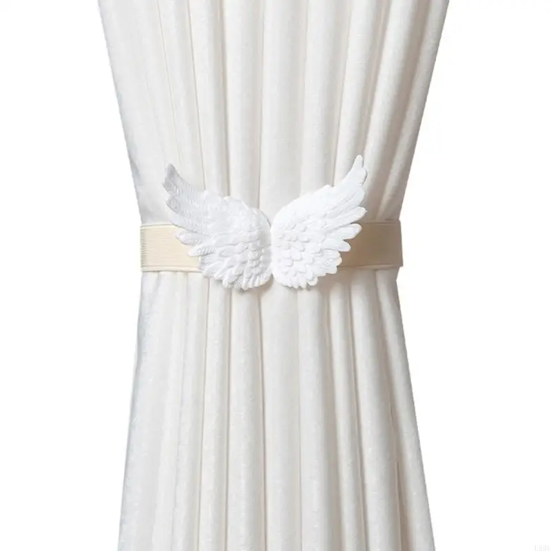 L9BE 2Pcs Elastic Curtain Tieback Straps with Angel Wing Modern Window Drape Holders Tie for Kids Room and Interior Decors