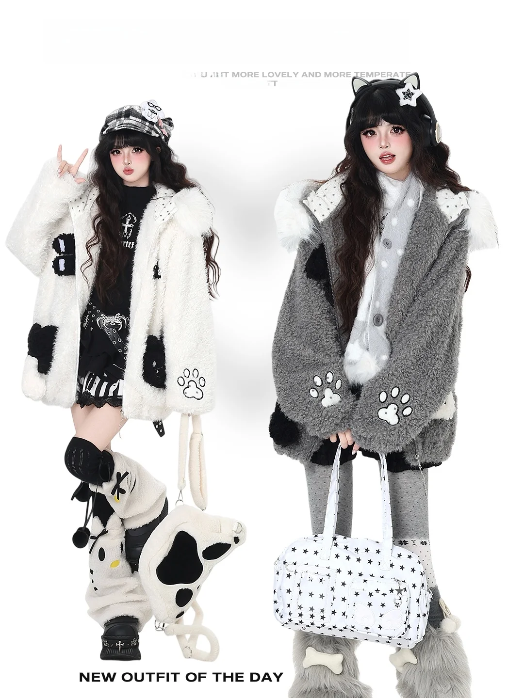

Crazygirl Ear Fce Lined Hooded Cotton Jaet Women's Winter Warm Loose Fit Lamb Velvet Cartoon Anime Sle Zipper Closure