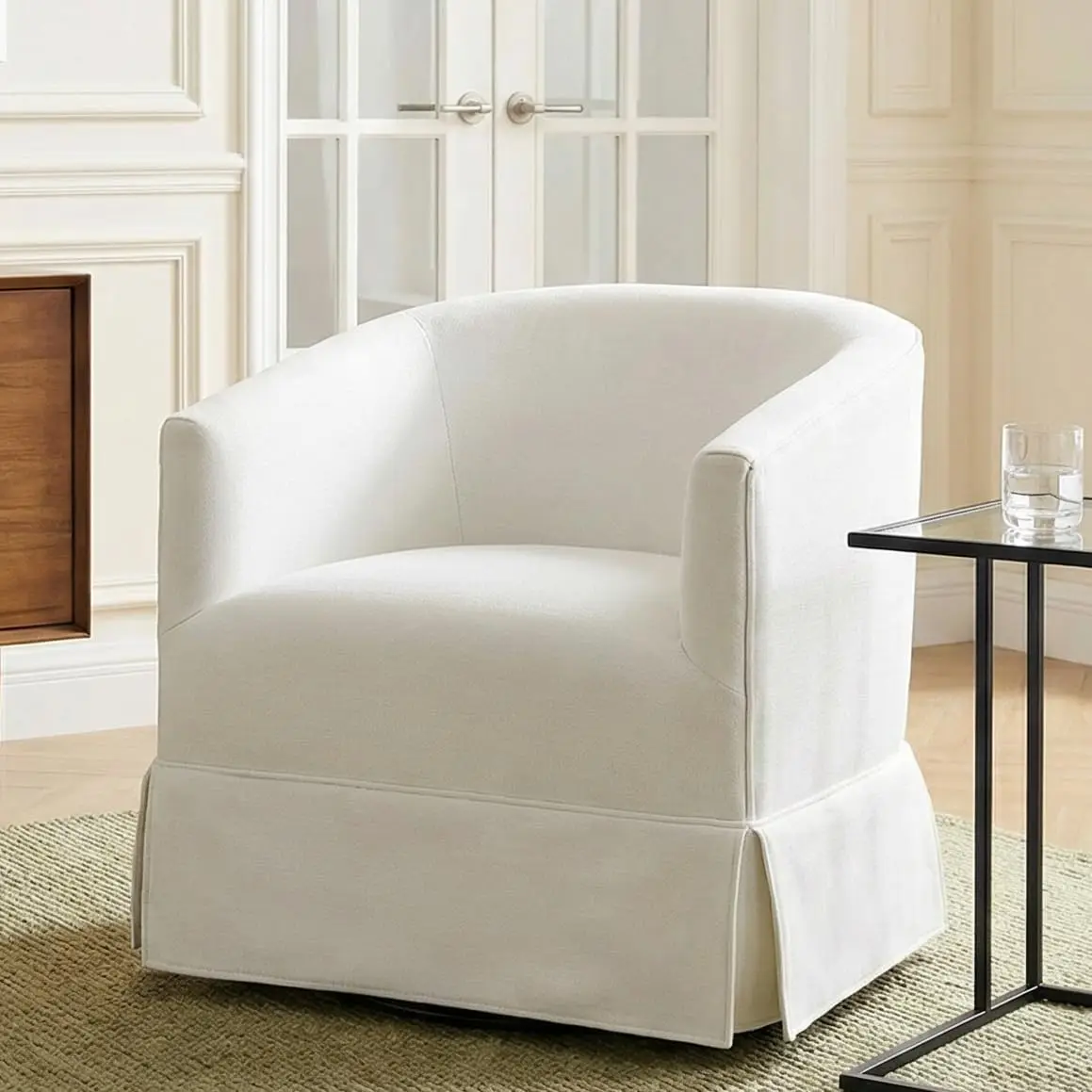 Swivel Accent Chair Barrel Chair Skirted Base White Linen Upholstery 360 Degree Rotate Curved Barrel Form High Density Foam Cush