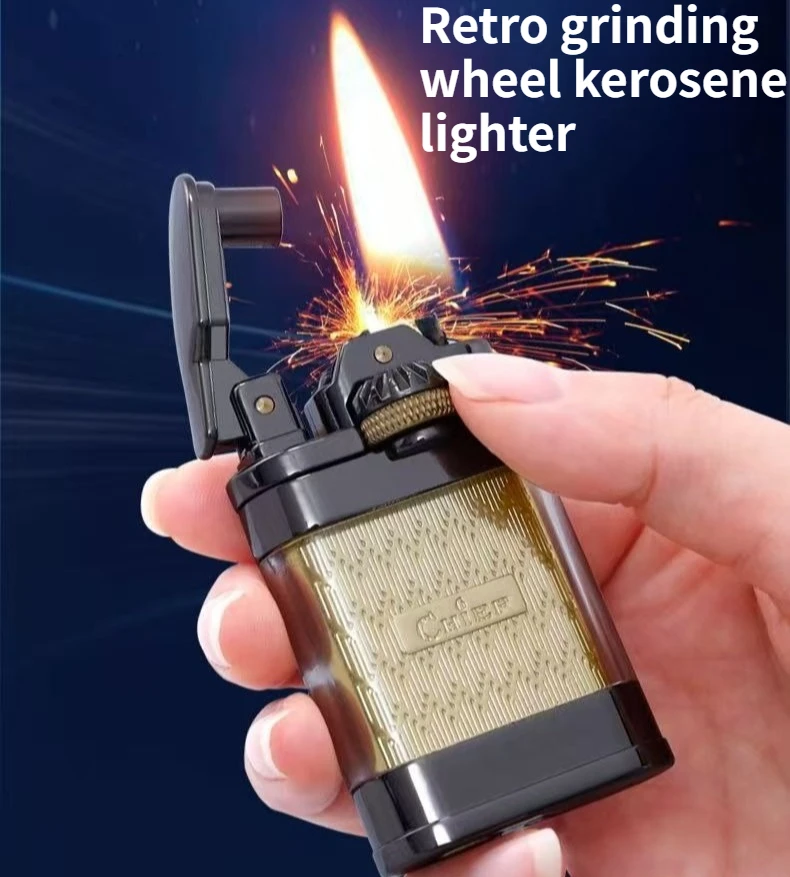 

New Creative Retro Grinding Wheel Lighter Side Sliding Roller Ignition Transparent Oil Tank High Beauty Men's Gift