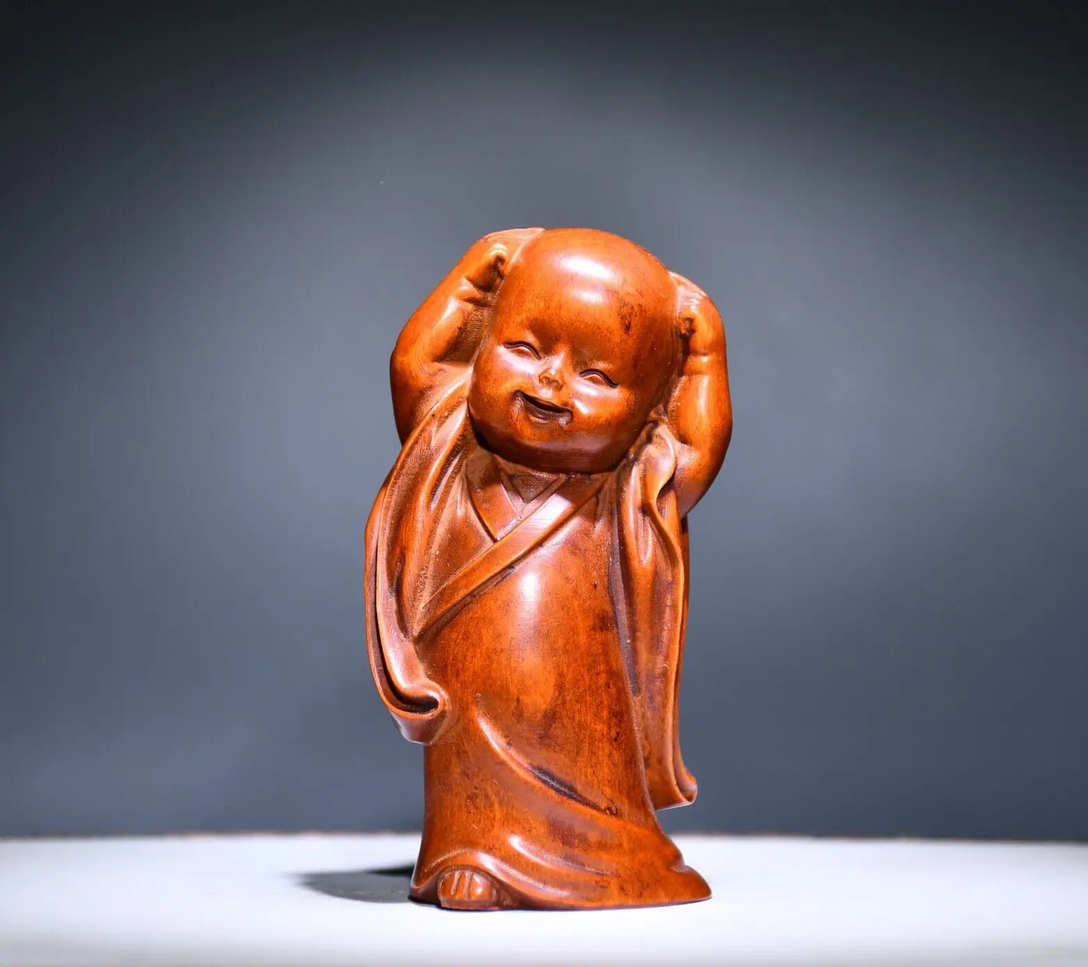 3.1" Chinese Box-wood Hand Engraving Lovable Buddhism Little Monk Statue