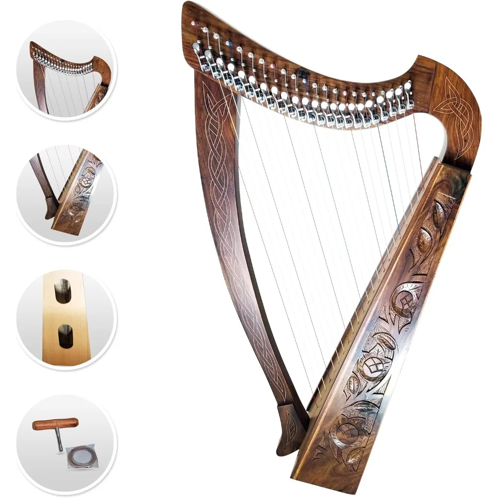 22 Strings Harp Irish Celtic Highland Solid Rosewood Natural Finishing Lever Tuning Key Extra  included 33