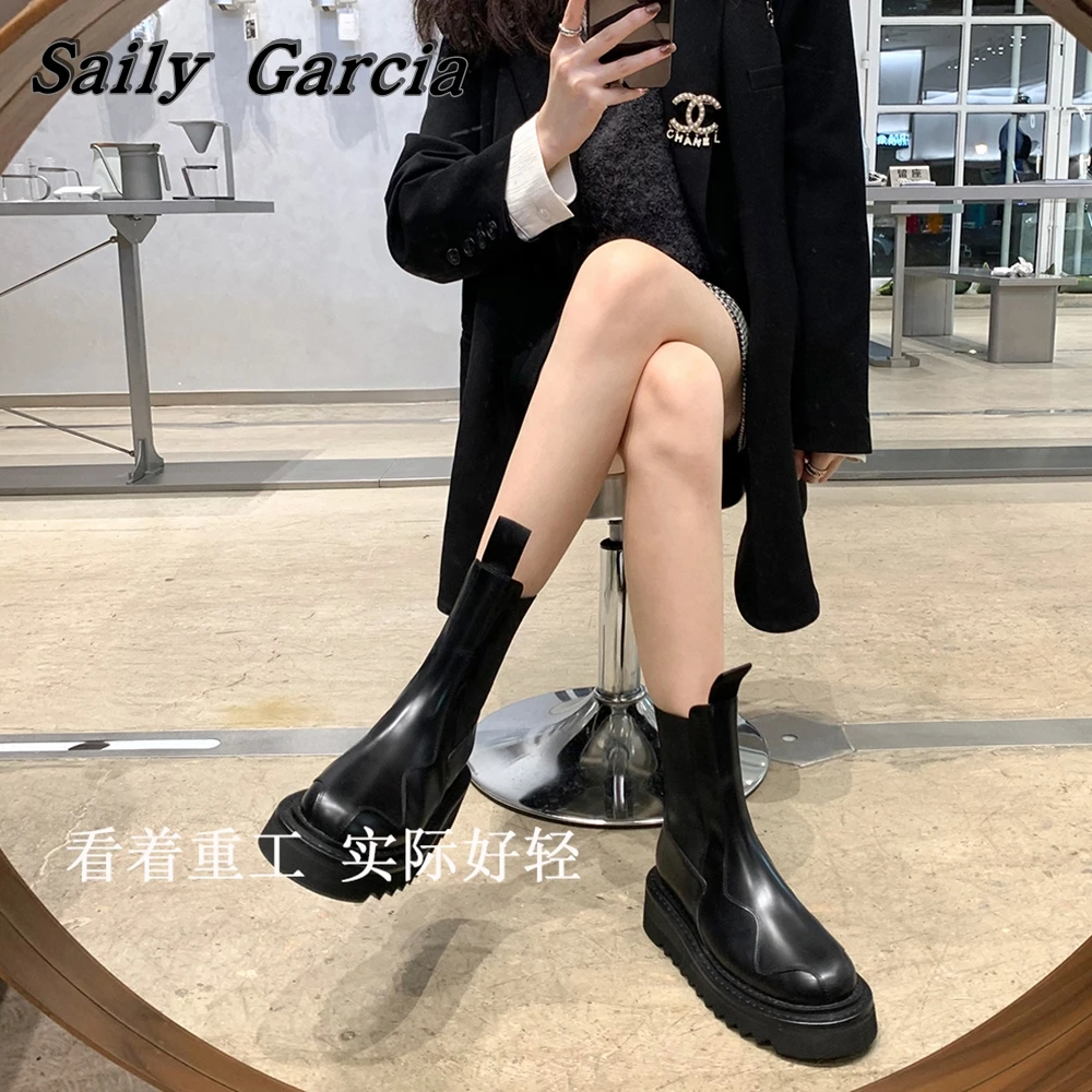 Classic Genuine Leather Matte Metal Slip On Stretch Boots Black Wild Slip On Casual Boots Round Toe Waterproof Platform Shoes