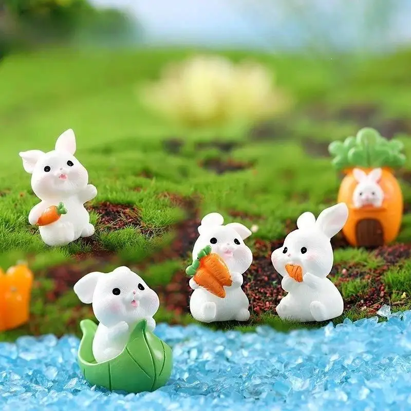 5Pcs Mini Rabbit Resin Figurine Cute Cartoon Animal Statue Tiny Landscape Ornament For Micro Garden Easter Decoration