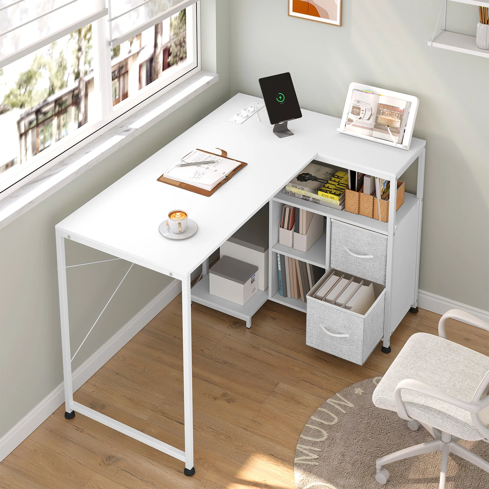 WOLTU L-förmiger Schreibtisch aus Holz, Ecktisch mit USB-Steckdosen, Computertisch, Gaming-Bürotisch mit umkehrbarem Regal, Wohnmöbel