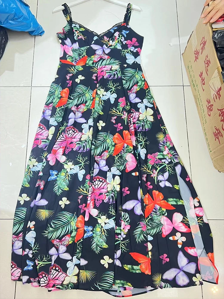 Summer new elegant dress with suspenders flower print high waist slit dress va va voom big swing A-line skirt.