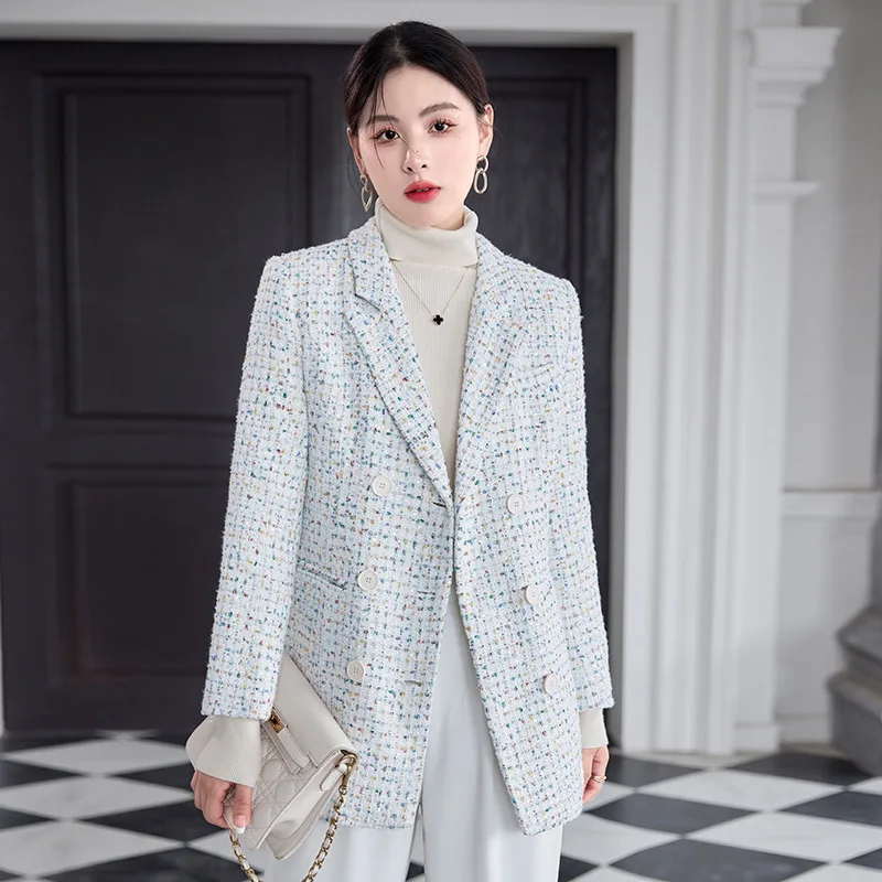 Winter/Autumn Adding Cotton Thicken Blazer Women Tweed Jacket Double Breasted Office Lady Pink Black White Suit Coat