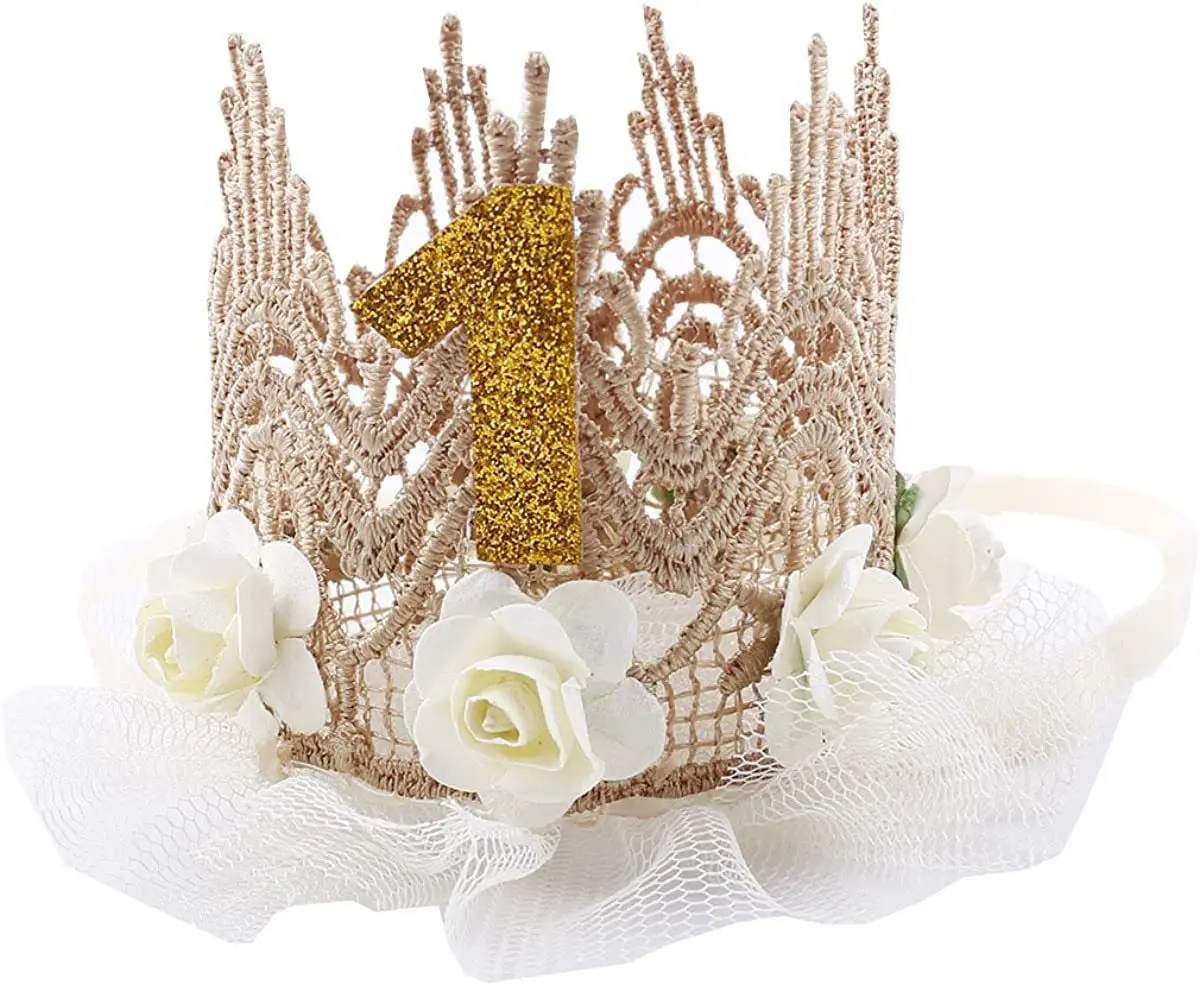 Diadema de corona de encaje para niños de 1 año, sombrero de diadema para bebé, banda de pelo rosa, regalo para corona de fiesta de cumpleaños