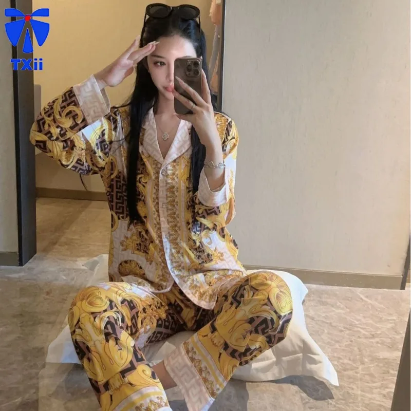 Ice Silk Pajamas New Spring and Autumn Palace Style High-end Printed Loose Casual Home Clothes