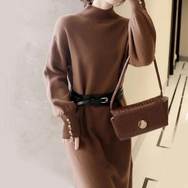 

Korean Casual Knit Long sleeved Dresses Women's Autumn and Winter Button Mock Neck Solid High Waist Slim Bottoming Split Dress
