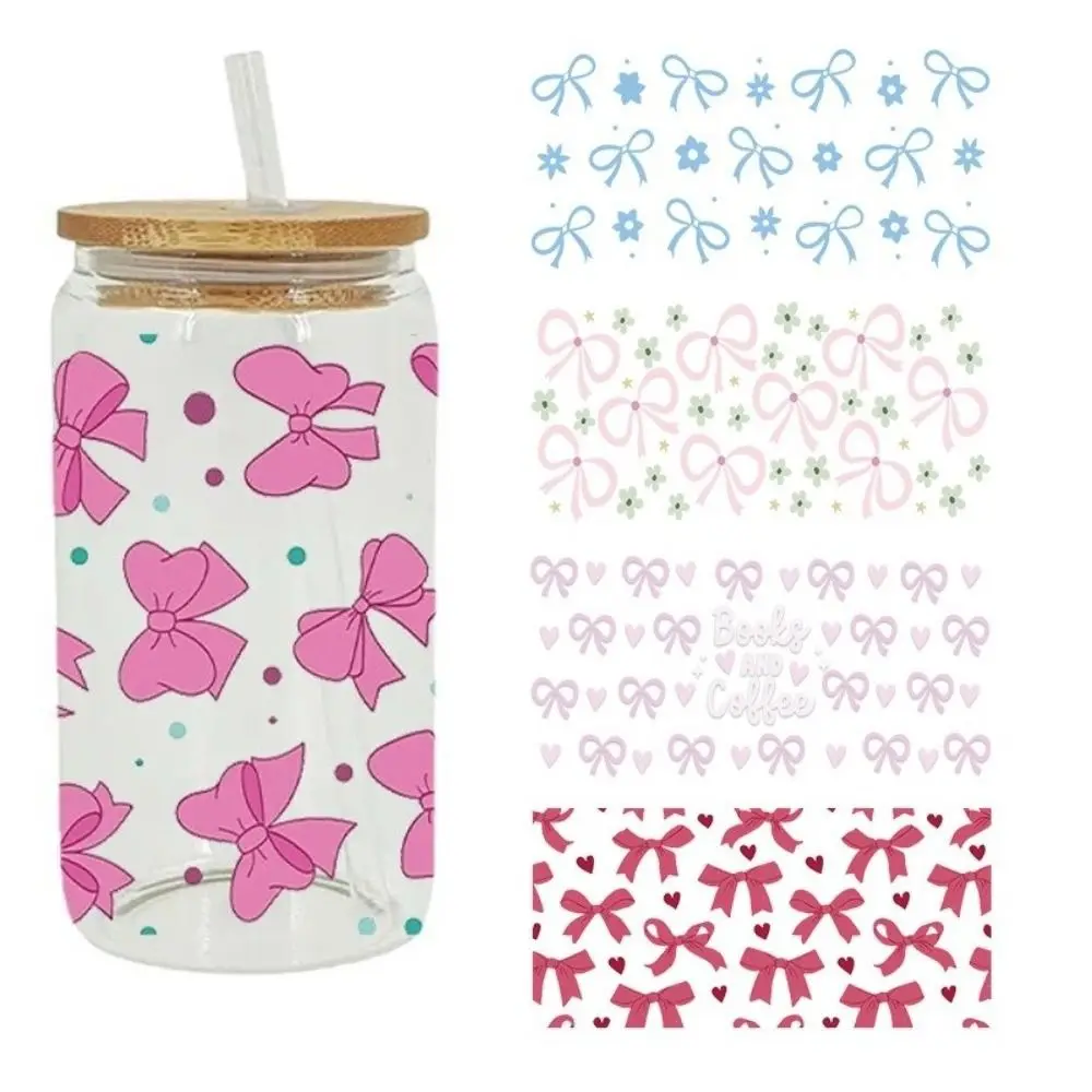 New Waterproof UV DTF Transfer Sticker Smooth DIY Wrap Stickers Clear Pink Bow Decals For 16Oz Glass Cup