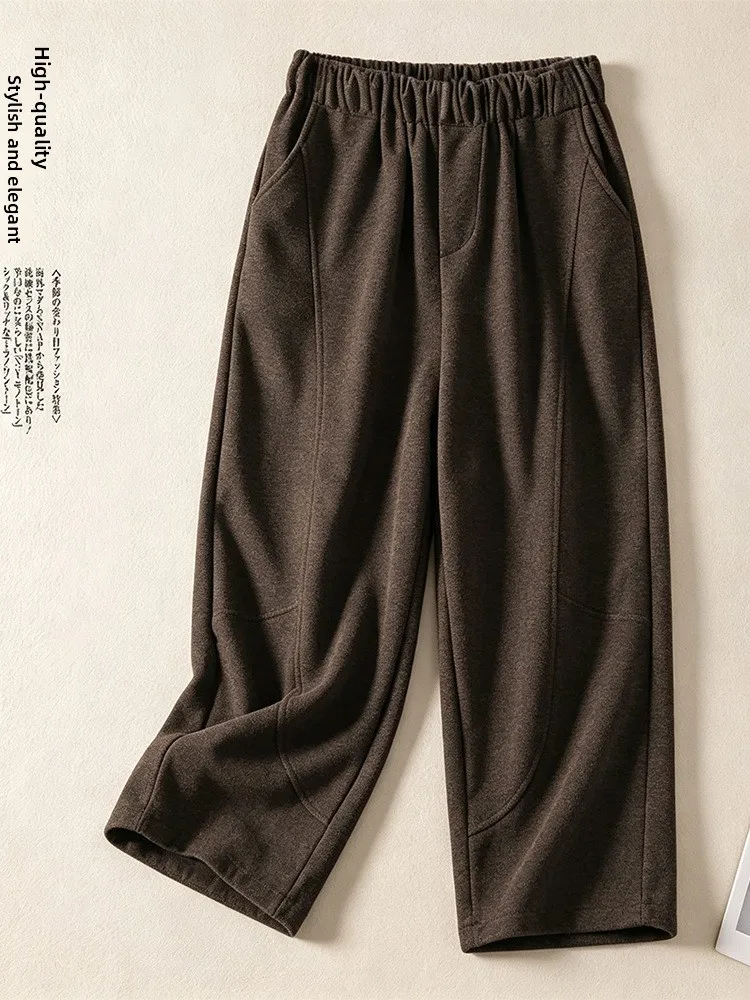 Autumn Winter Woolen Wide Leg Pants Durable Thickened High Waist Straight Cut Casual Trousers for Women in Meralurk Color