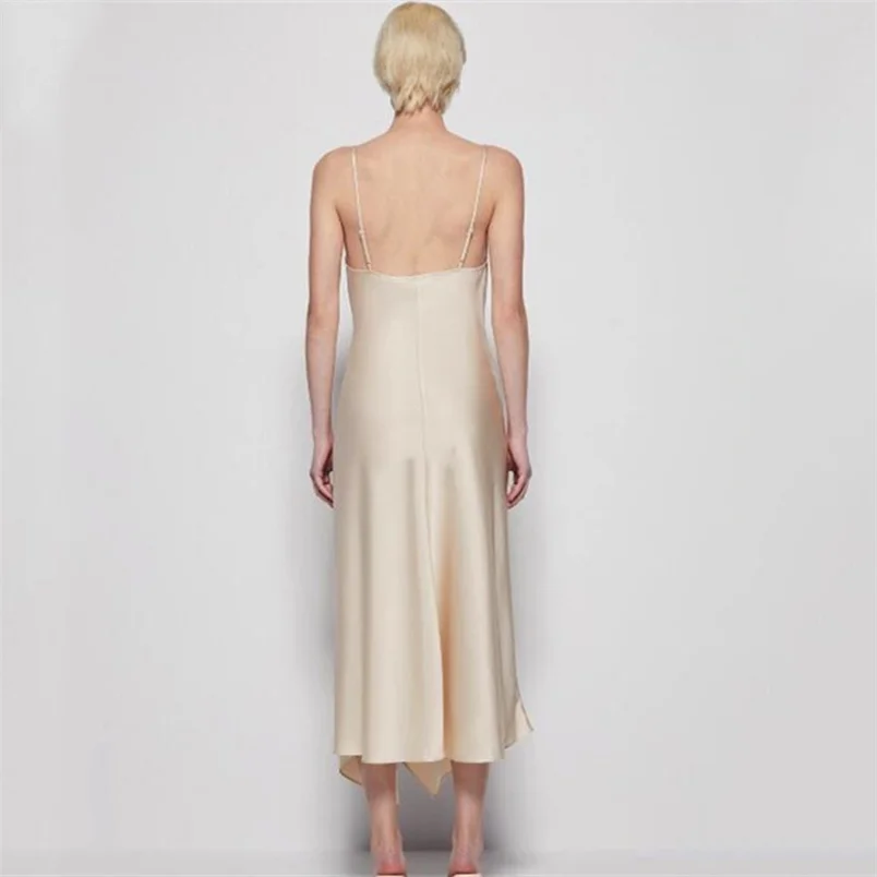 2026年夏 バックレス アシンメトリー レディース スリップドレス ホリデー ビーチパーティー ロングドレス 女性用 無地 サテン スリット セクシー スリム ワンピース