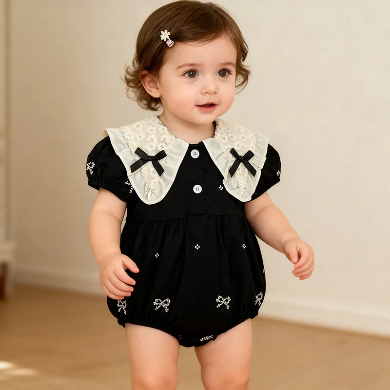 2026 Summer Korean Girls Dress Short Sleeve Baby Bodysuit Romper Bow Collar Embroidery Princess Sister Matching Outfits