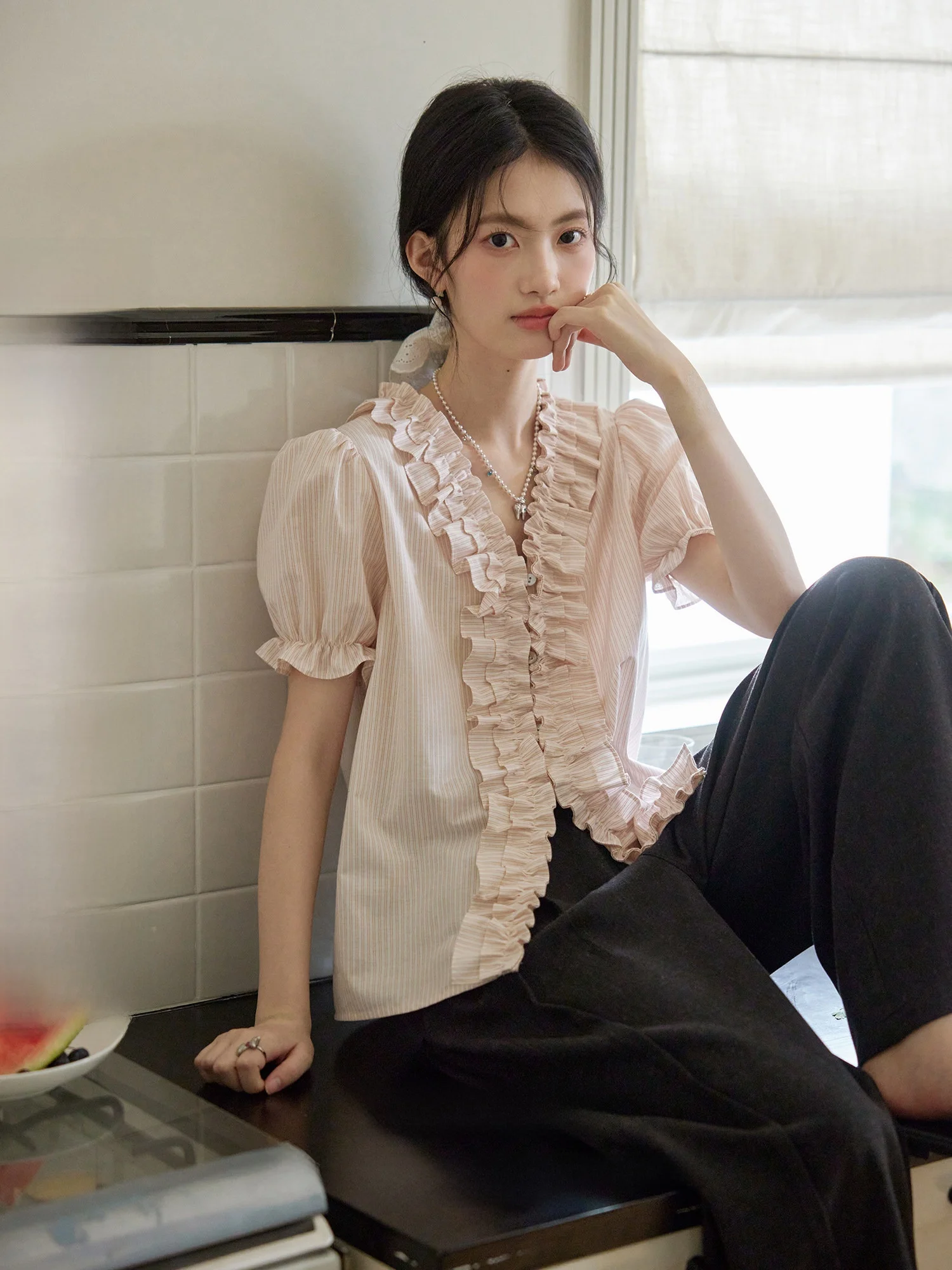 

ORWhite Summer 2025 Women's Vintage Sle irt with Wood ain Ruffle Heavy Work ort Sve Bloom Bud Sve Cotton Blend