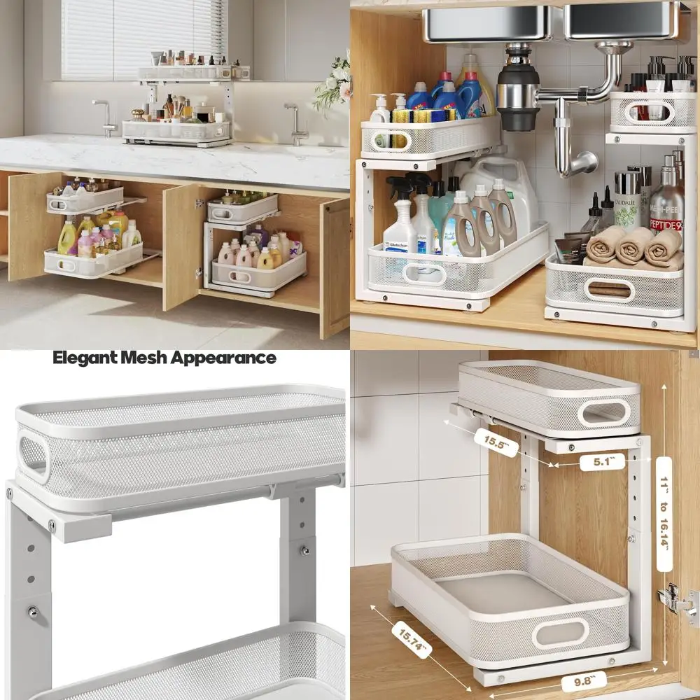 

Adjustable 2-Tier Under-Sink Organizer with Rust-Resistant Coating for Bathroom and Kitchen Storage - White