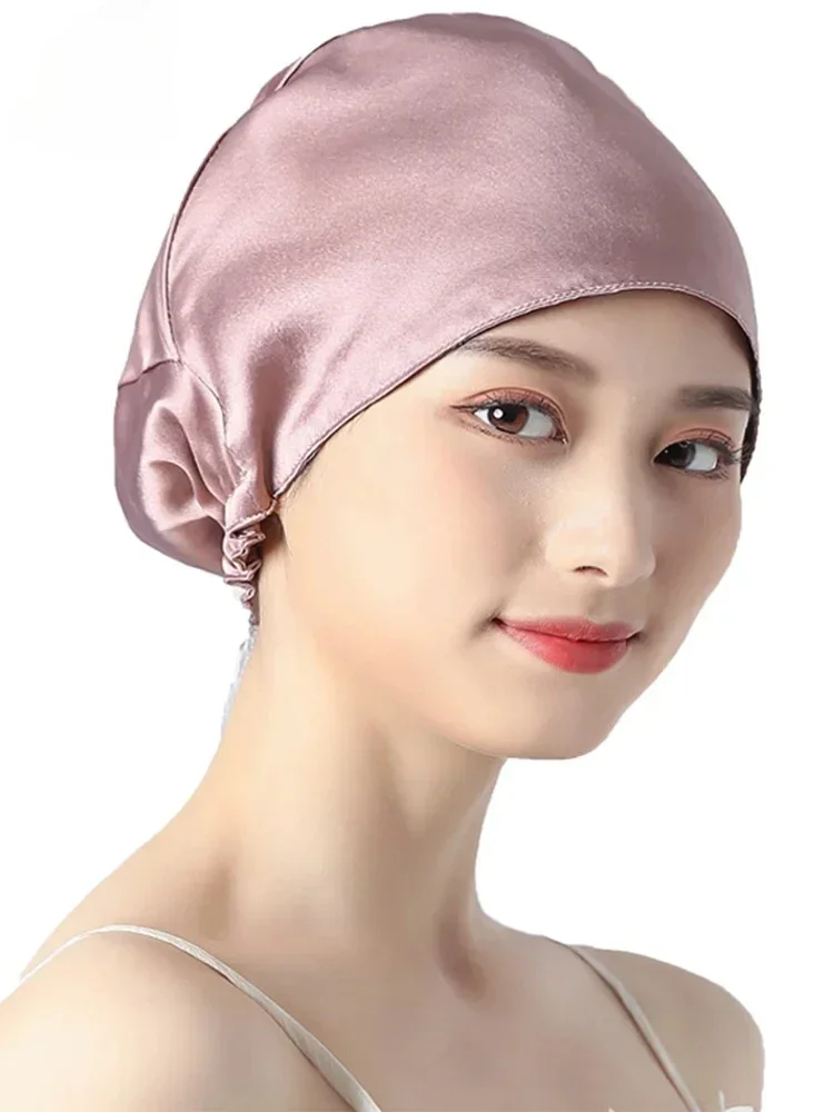Birdtree 16MM 100% Real Silk Turban Bonnets,Female Double Layered Solid Sleeping Night Wrap Cap,For Curly Ladies A34317M