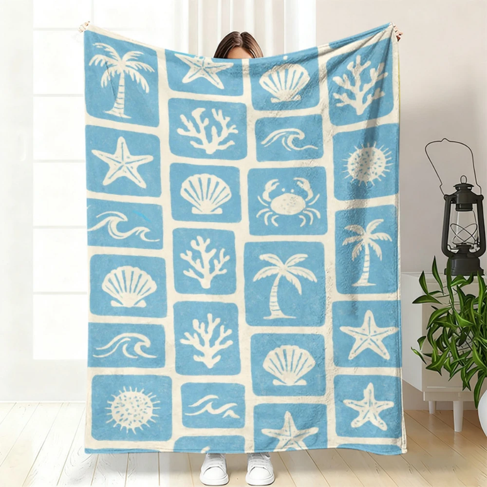 Blue Starfish Seashell Ocean Print Throw Blanket warm sofa leisure room Blanket office lounge garden deck Birthday presents