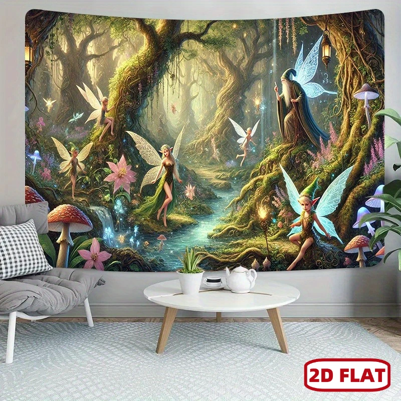 Fantasy Elf Tapestry, Mystic Forest Fairies Wizard Creek Giant Tree Colorful Mushroom Wall Tapestry, Landscape Decor Indoor Wall