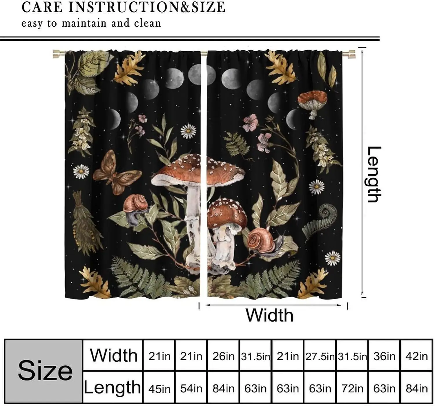 Black Background Moon Phase Mushroom Blackout Curtain Snail Butterfly Wildflower Print Drape For Bedroom Witchy Mystical Forest