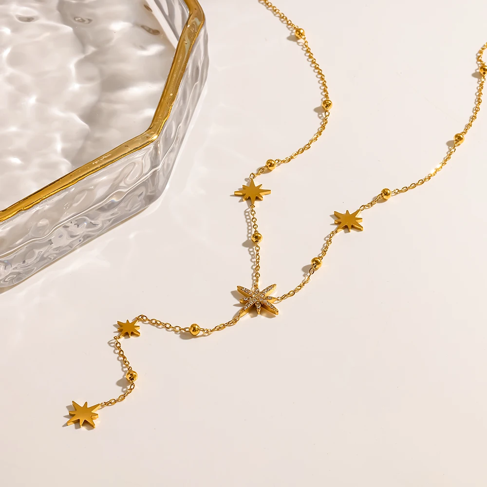 Exquisite 18K Gold Plated Pavé Eight-Point Star Y-Shaped Necklace Stainless Steel Waterproof Chain Luxury Jewelry for Women Gift